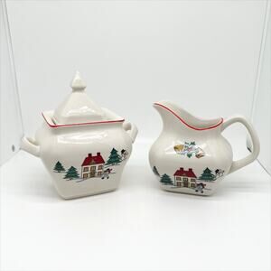Vintage 80s Jamestown China The Joy of Christmas Holliday Sugar and Creamer Set